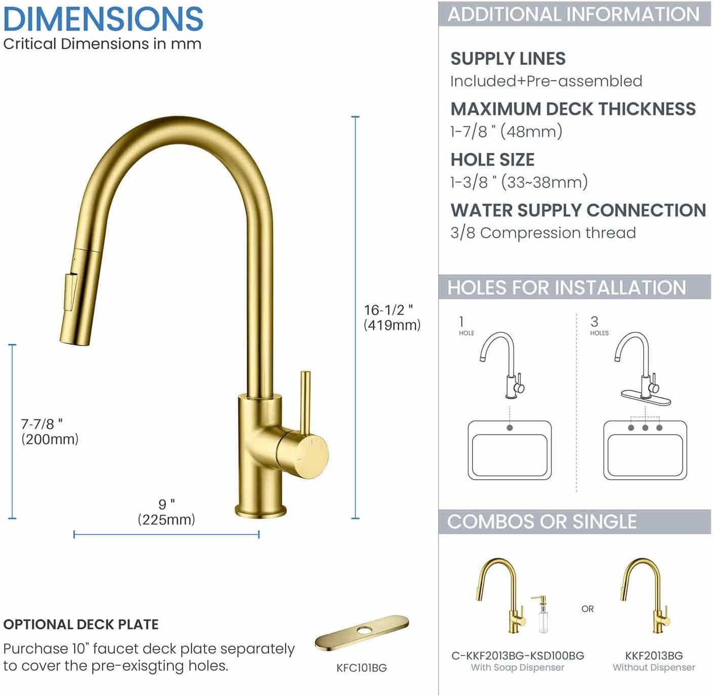 KIBI Circular Kitchen Faucet with Pull Down Sprayer | Single Handle High Arc Solid Brass Spout | Easy-to-Use Kitchen Sink Faucet with Dual Function (Brushed Gold Finish, KKF2013)