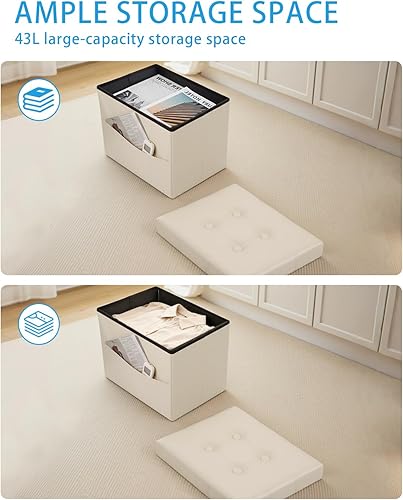 Miniatura 5 de Otomana con taburete de almacenamiento, otomana plegable de almacenamiento de 17 pulgadas, reposapiés tapizado de cuero con bolsillos laterales,