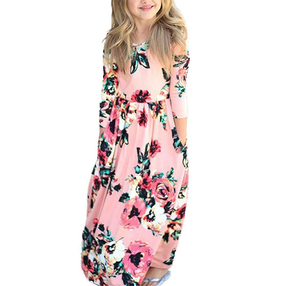 YIJODM Girls Floral Maxi Dress With Pockets - Short Sleeve Summer Dress For 5-12 Year Olds
