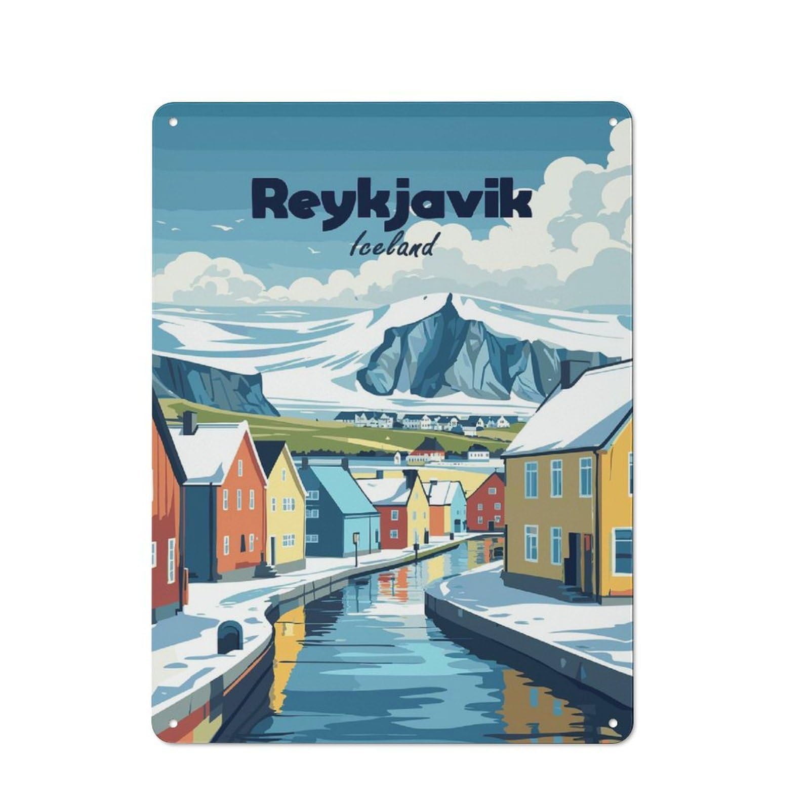Junmoney Reykjavik Iceland Winter Landscape Illustrati Vintage Tin Sign 40X30cm Featuring On, Porch Wall Decor For Patio Bar, Workshop, Shed Or Kitchen