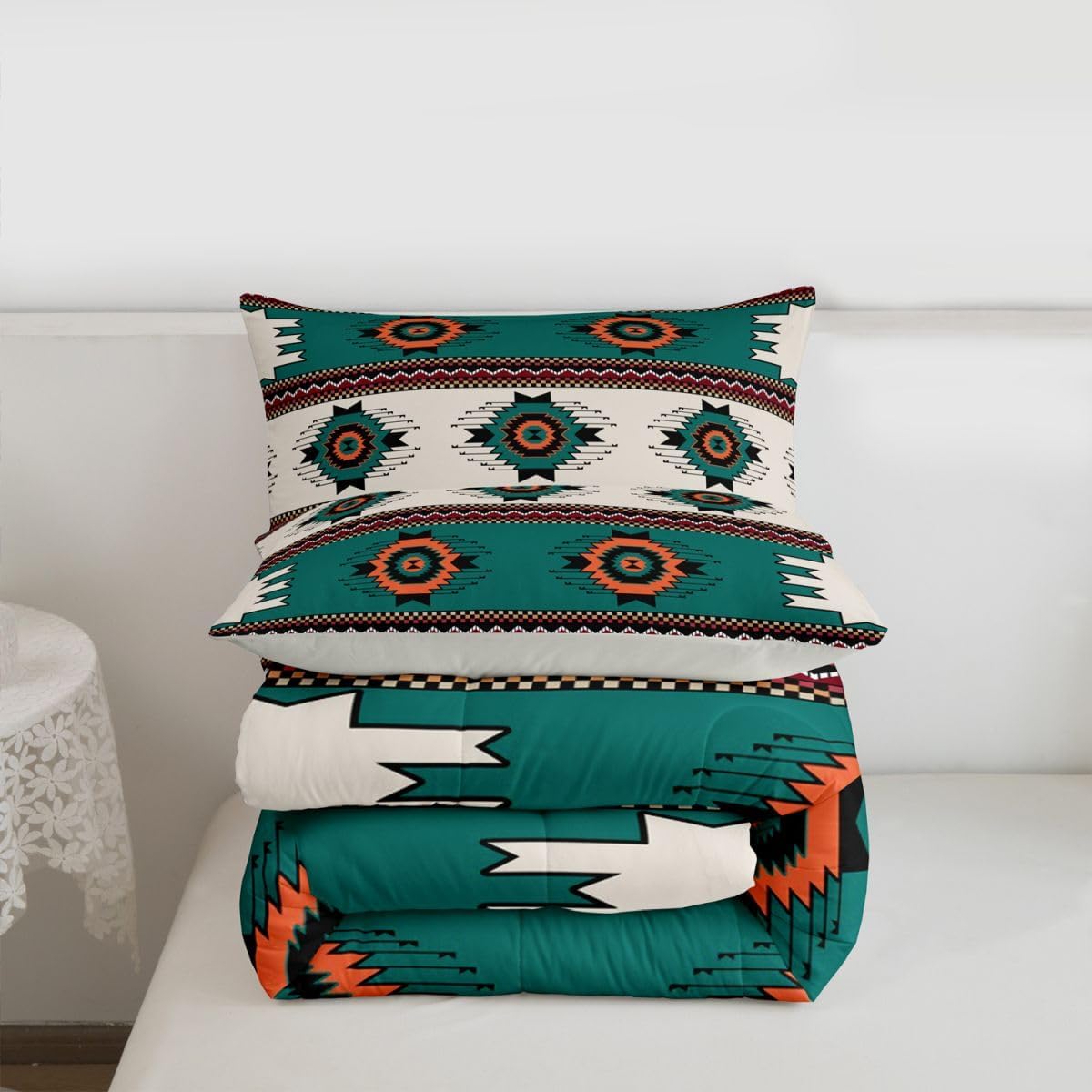 Feelyou Boho Comforter Set Queen Size Southwestern Bedding Set for Kids Boys Girls Green Aztec Southwest Duvet Quilt Tribal Geometric Designs Bedroom Decor Ethnic Prints 3 Pcs with 2 Pillow Cases