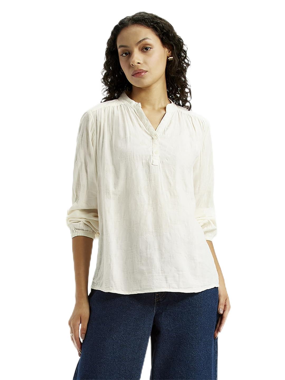 Levi's Women's Self Design Off-White Mandarin Collar Top in white