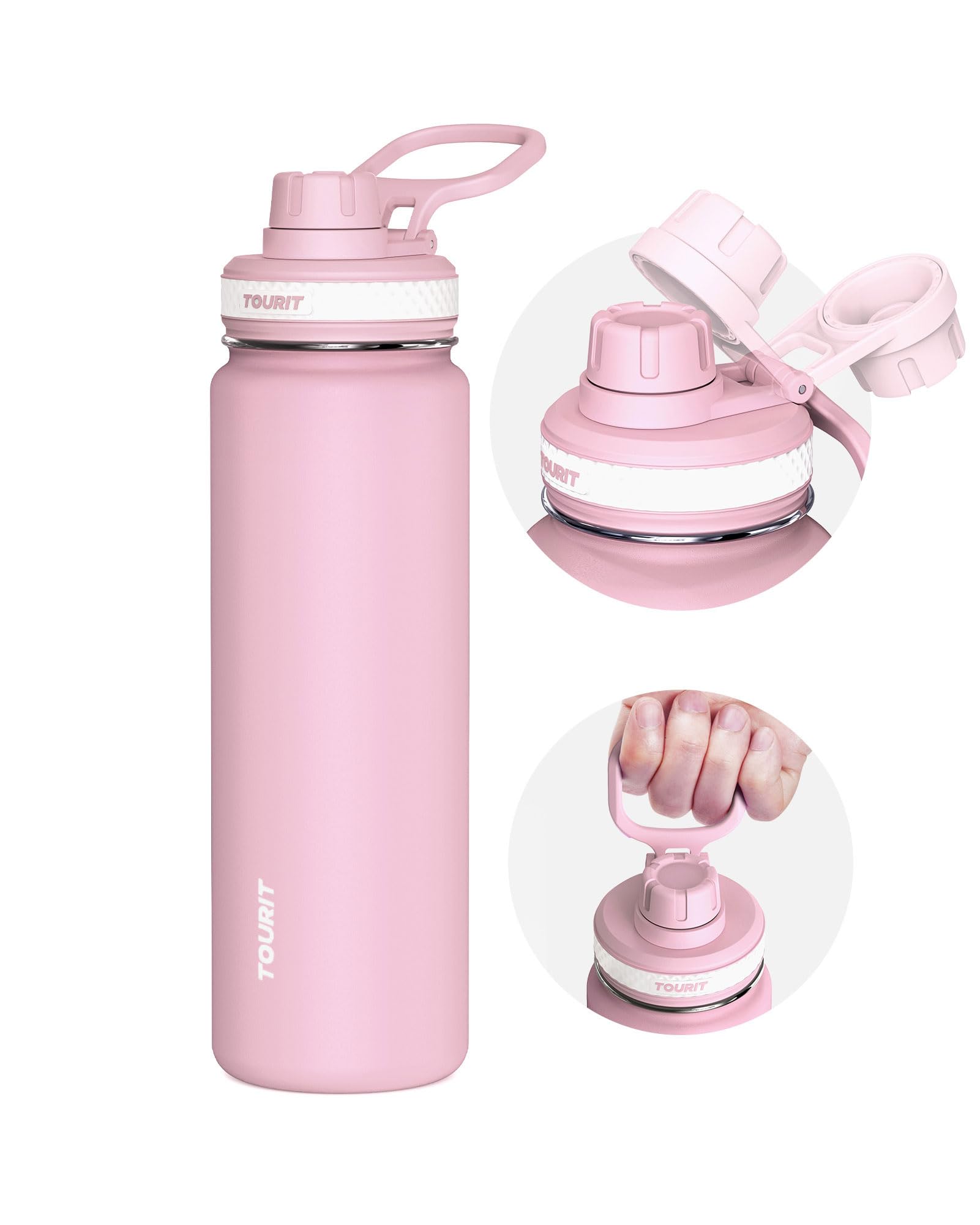 TOURIT 24 oz Insulated Water Bottle, Stainless Steel Water Bottles With Handle, Double-Wall Vacuum Sports Water Bottle, BPA Free Leakproof Water Bottle, Pink