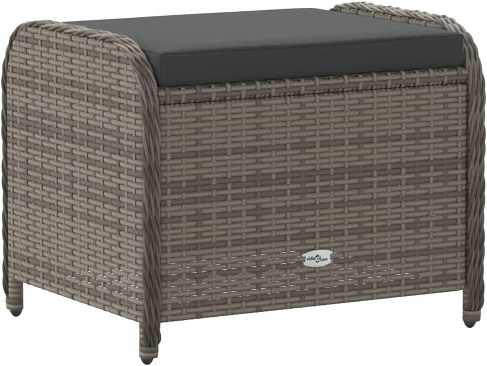 vidaXL Gray Poly Rattan Patio Stool with Cushion - Removable Cover, Weather-, Powder-Coated Steel Frame - 22.8" x 18.1" x 18.1" Outdoor Seating for Garden, Patio, Deck