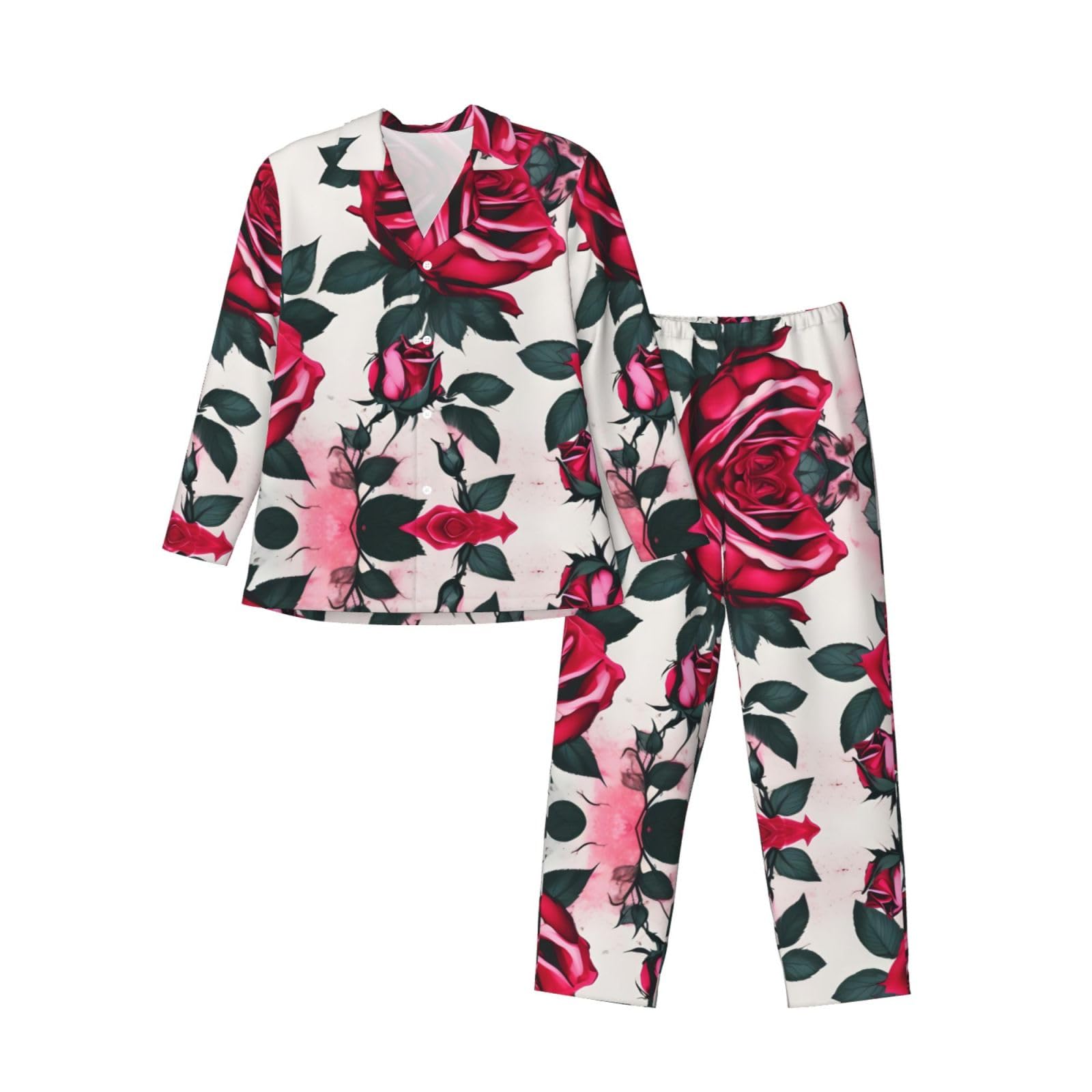 Llotpq Men's Black S Long-Sleeved Pajama Set Â€“ Soft Silky Blossoming Rose Flowers Print Sleepwear, Loose Home Clothes, Adjustable Elastic