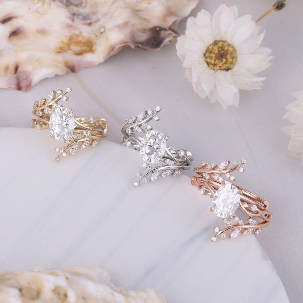 Ssjewel 2 Ct Oval Cut Diamond Dainty Leaf Vines Wedding Band Bridal Engagement Rings Set For Women 14K Gold Plated Fancy Promise Ring Set 925 Sterling Silver Handmade Stacking Band matching Ring Set
