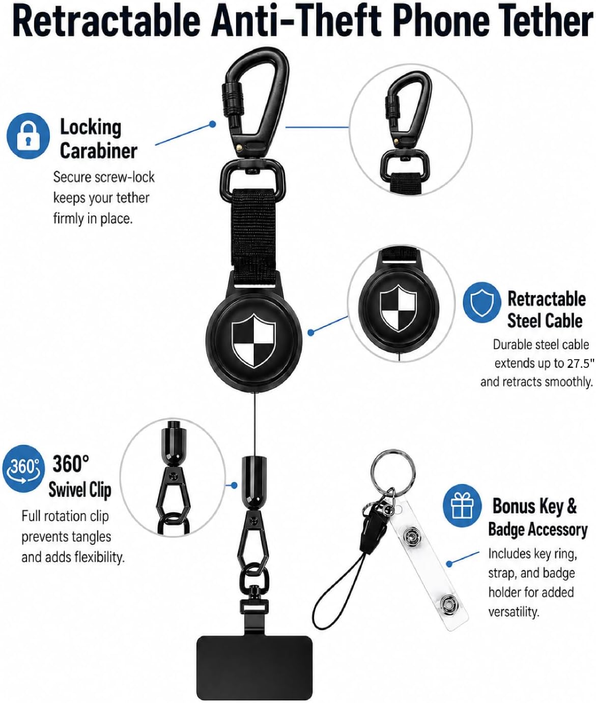 Retractable Anti Theft Phone Lanyard: Universal Pickpocket Proof Cell Phone Strap with Metal 360° Tether Tab Lock Carabiner Keychain & Adjustable Steel Cable for Outdoor Travel Hiking Climbing Fishing