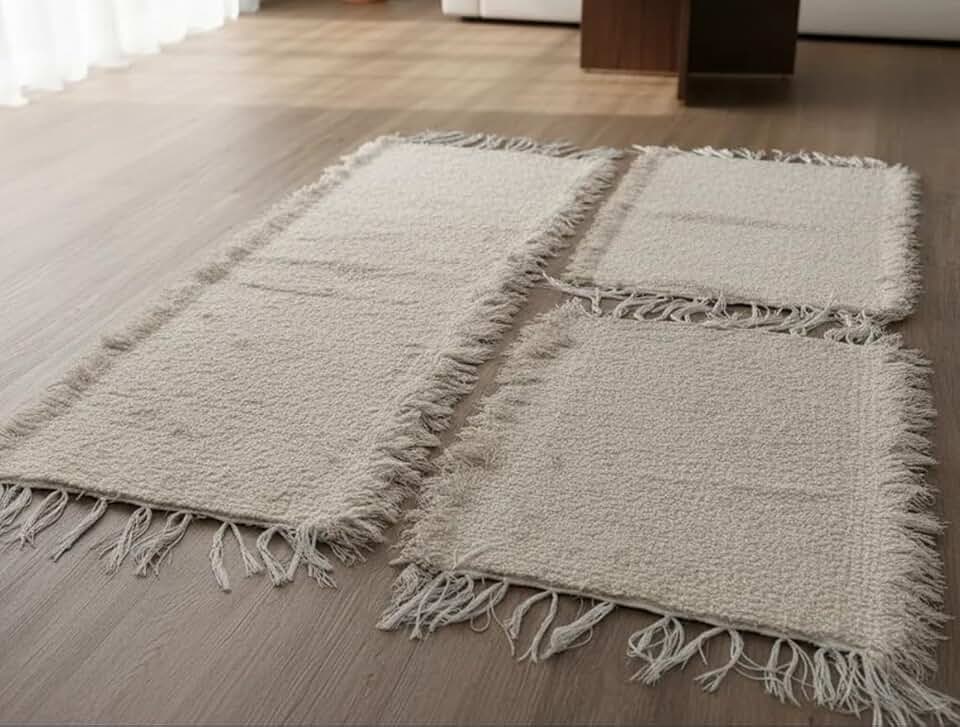 Jogo de Tapetes de Algodão Boho, 3 Peças, 2 Tapetes e 1 Passadeira, Branco (Bege)