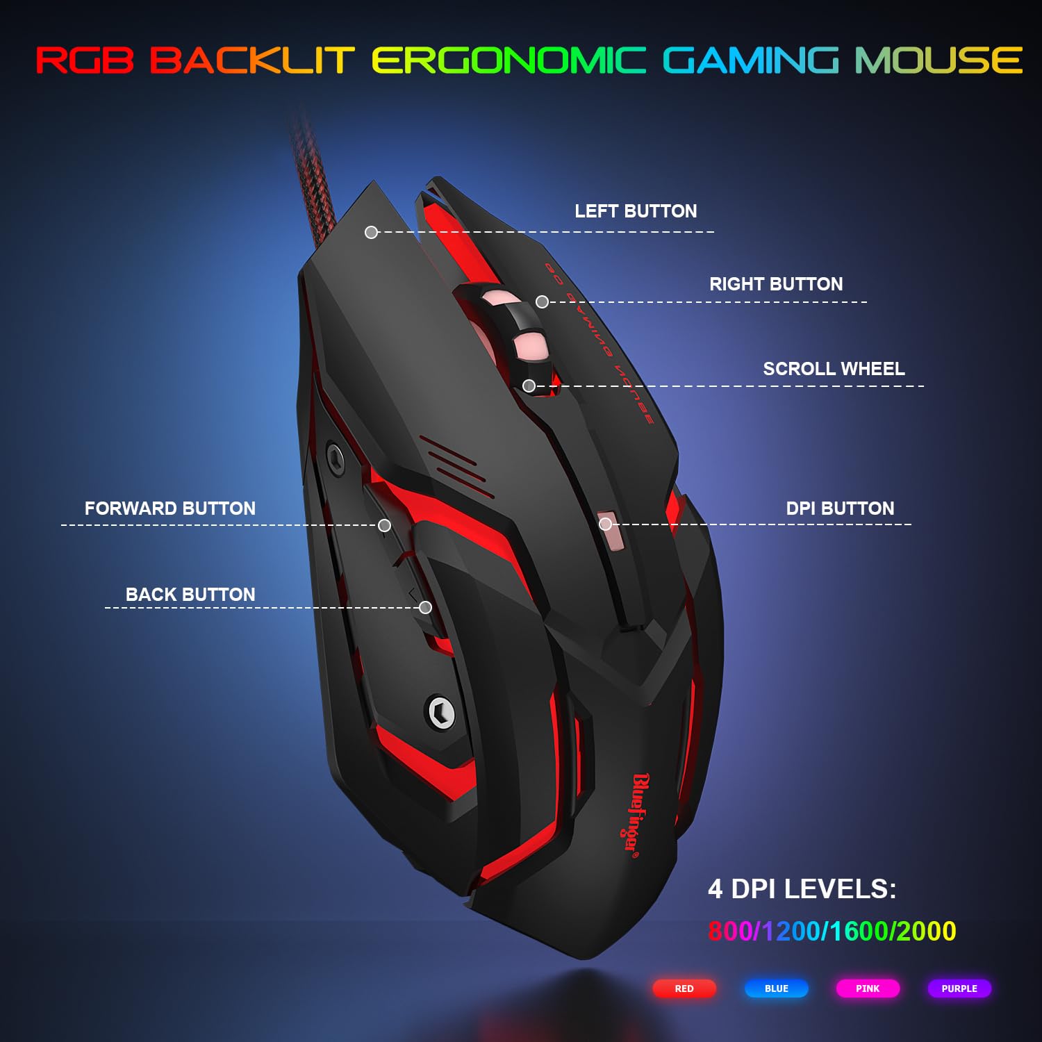 Teclado RGB para juegos y teclado retroiluminado y auriculares, teclado retroiluminado BlueFinger USB con cable retroiluminado, juego de ratón LED para juegos, auriculares con micrófono para