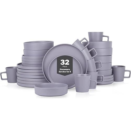 Stone Lain Cleo Stoneware 32-piece Round Dinnerware Set, Light Gray,Service For 8,Coupe - Celina
