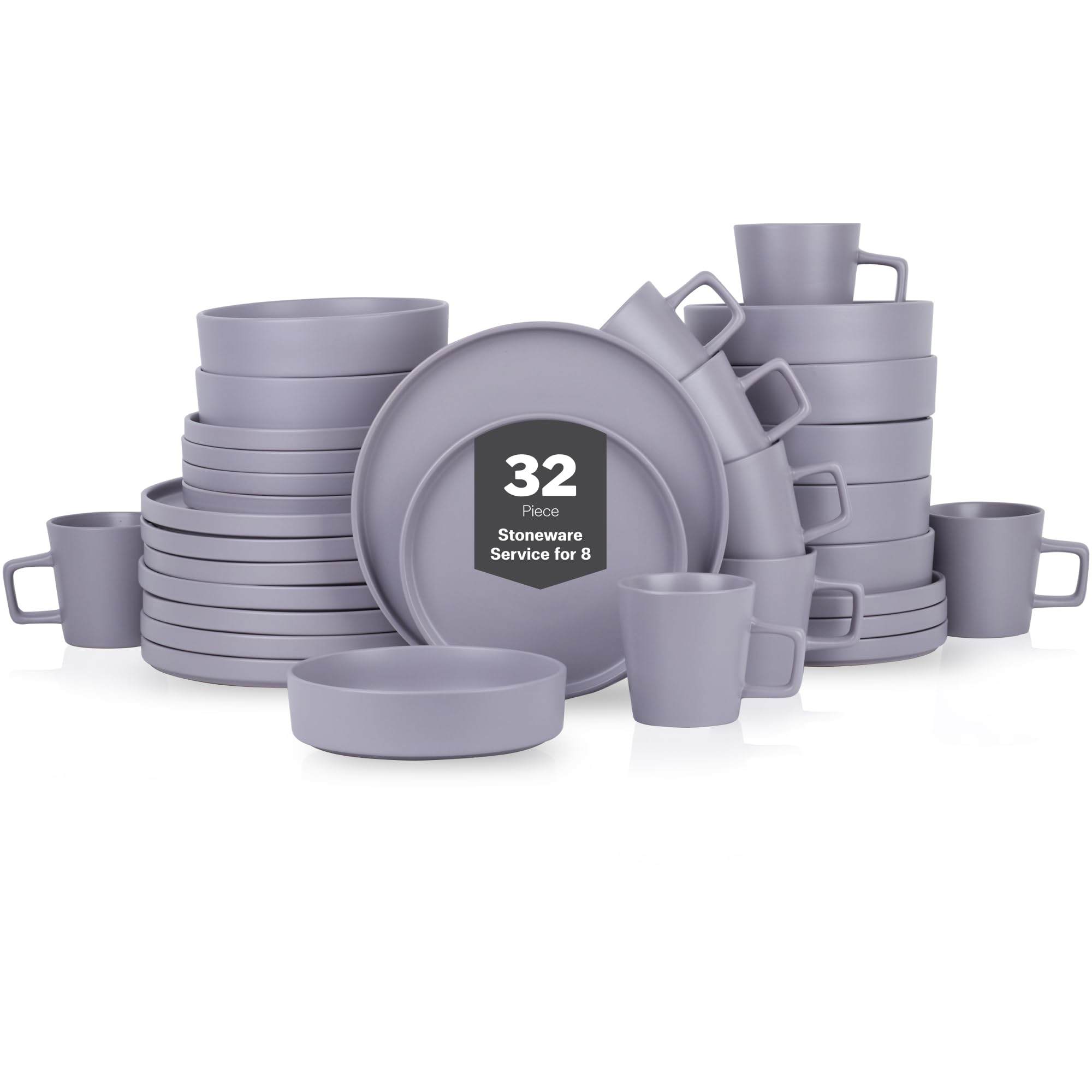 Stone Lain Cleo Stoneware 32-piece Round Dinnerware Set, Light Gray,Service For 8,Coupe - Celina