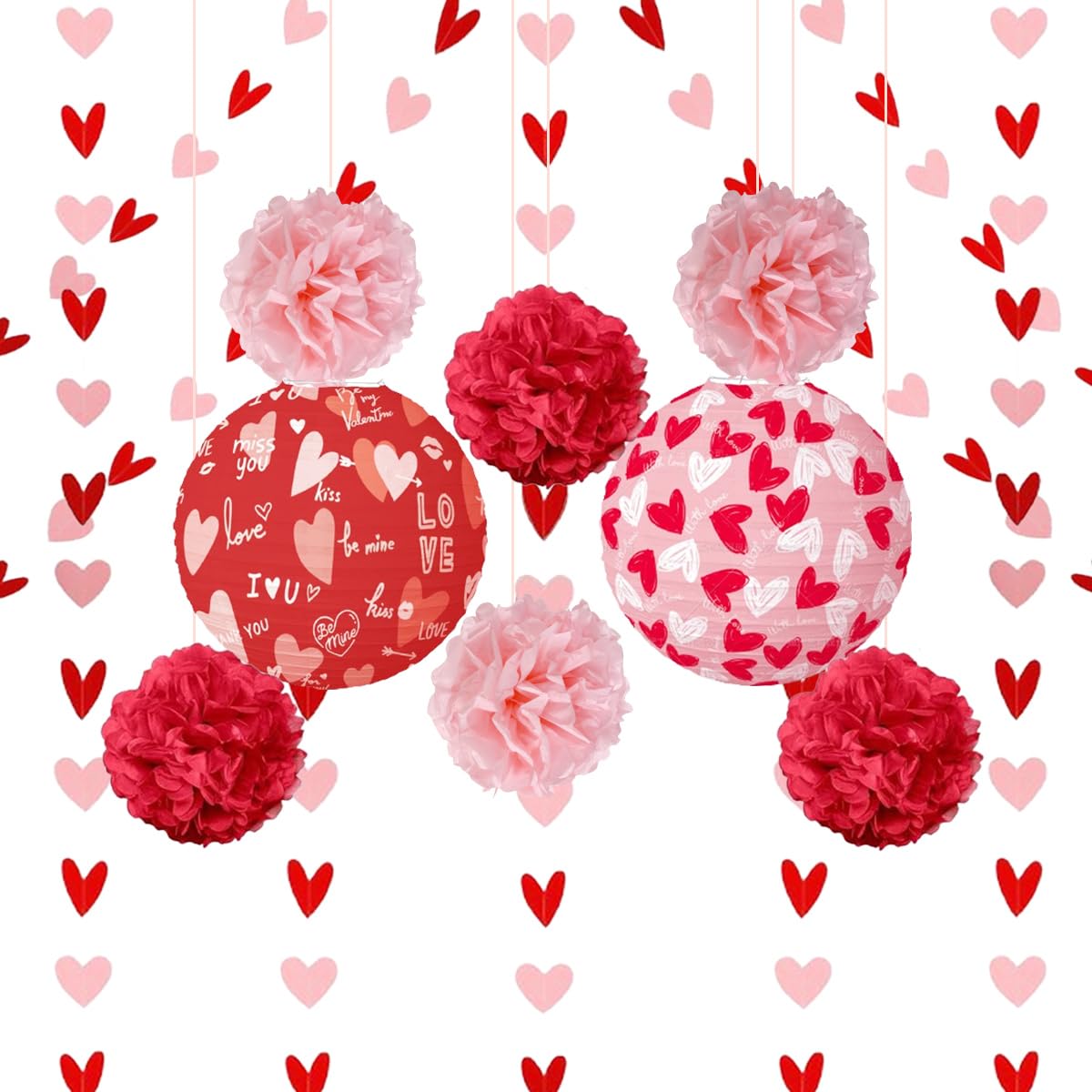 Valentines Day Decorations Kit, Be Mine Kiss Me Red and Pink Paper Lanterns, Hanging Love Heart Garland, Tissue Pom Pom Flowers for Romantic Decor Anniversary Wedding Party Supplies