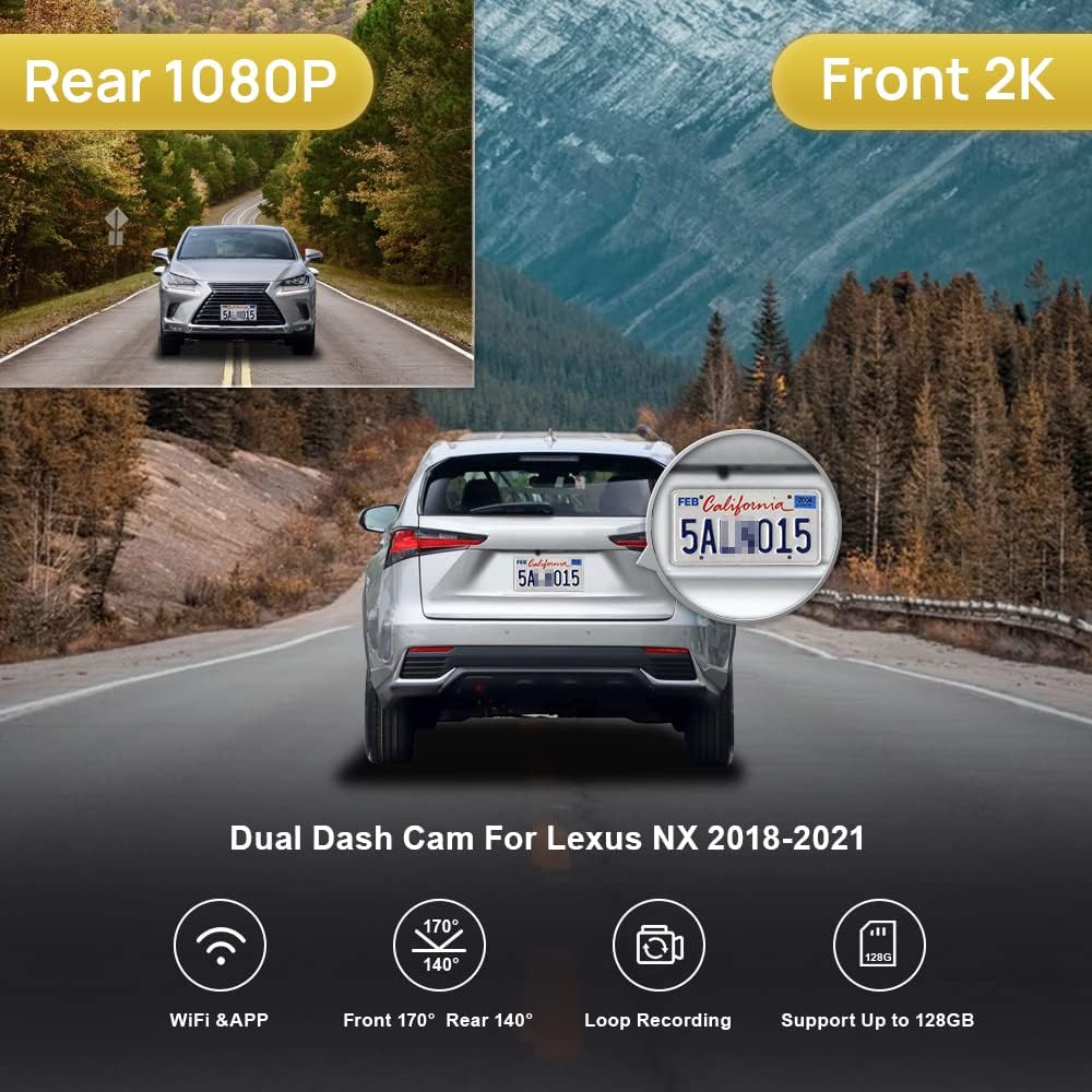 Fitcamx 2K Front and Rear Dash Cam for 2018 2019 2020 2021 Lexus NX 350 300 Sport 250 F Premium, OEM Look, Dual 1440P+1080P HD Video, Loop Recording WiFi, Parking Mode G-Sensor, Easy to Use, 64GB Card