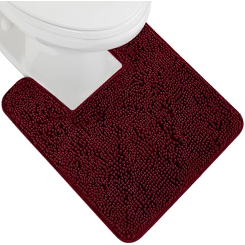 Gorilla Grip Plush Absorbent Shaggy Chenille Bath Rug Mat for Toilet Base with Rubber Backing, Machine Washable, Microfiber Bathroom Contour Mats for Toilets, Bath Room Decor Square 22.5x19.5 Burgundy