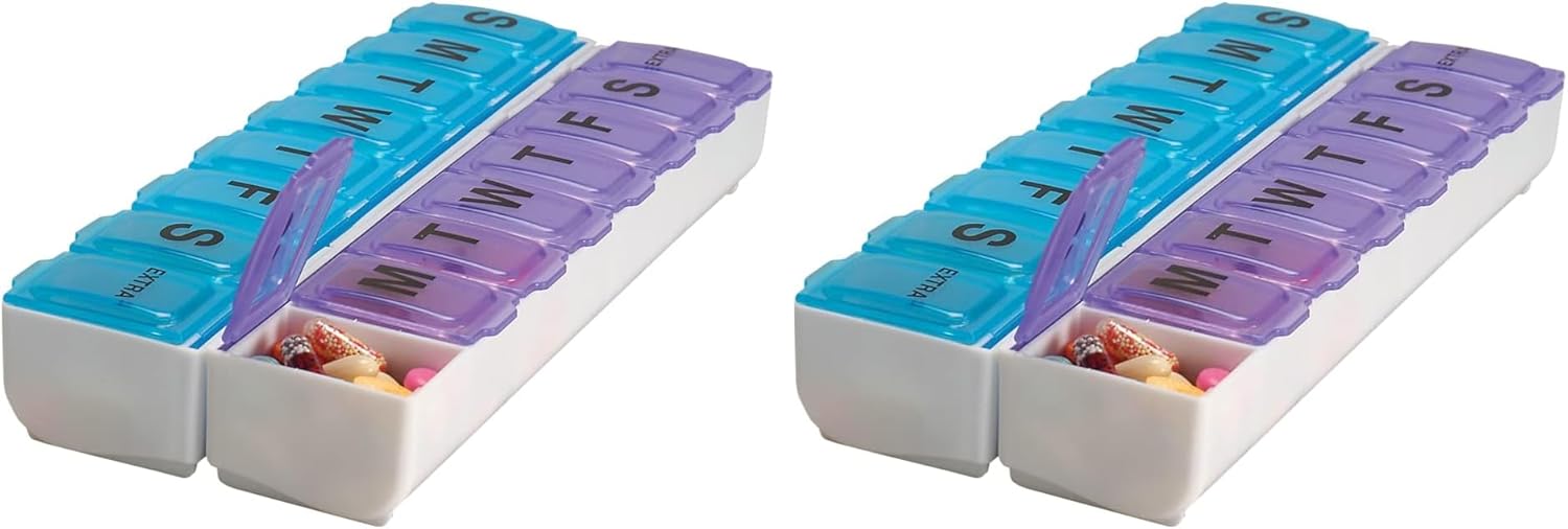 EZY DOSE Weekly (14-Day) Pill Organizer, Vitamin and Medicine Box, Large Snap Compartments, Easy-to-Open, BPA Free, Blue and Purple (Pack of 2)