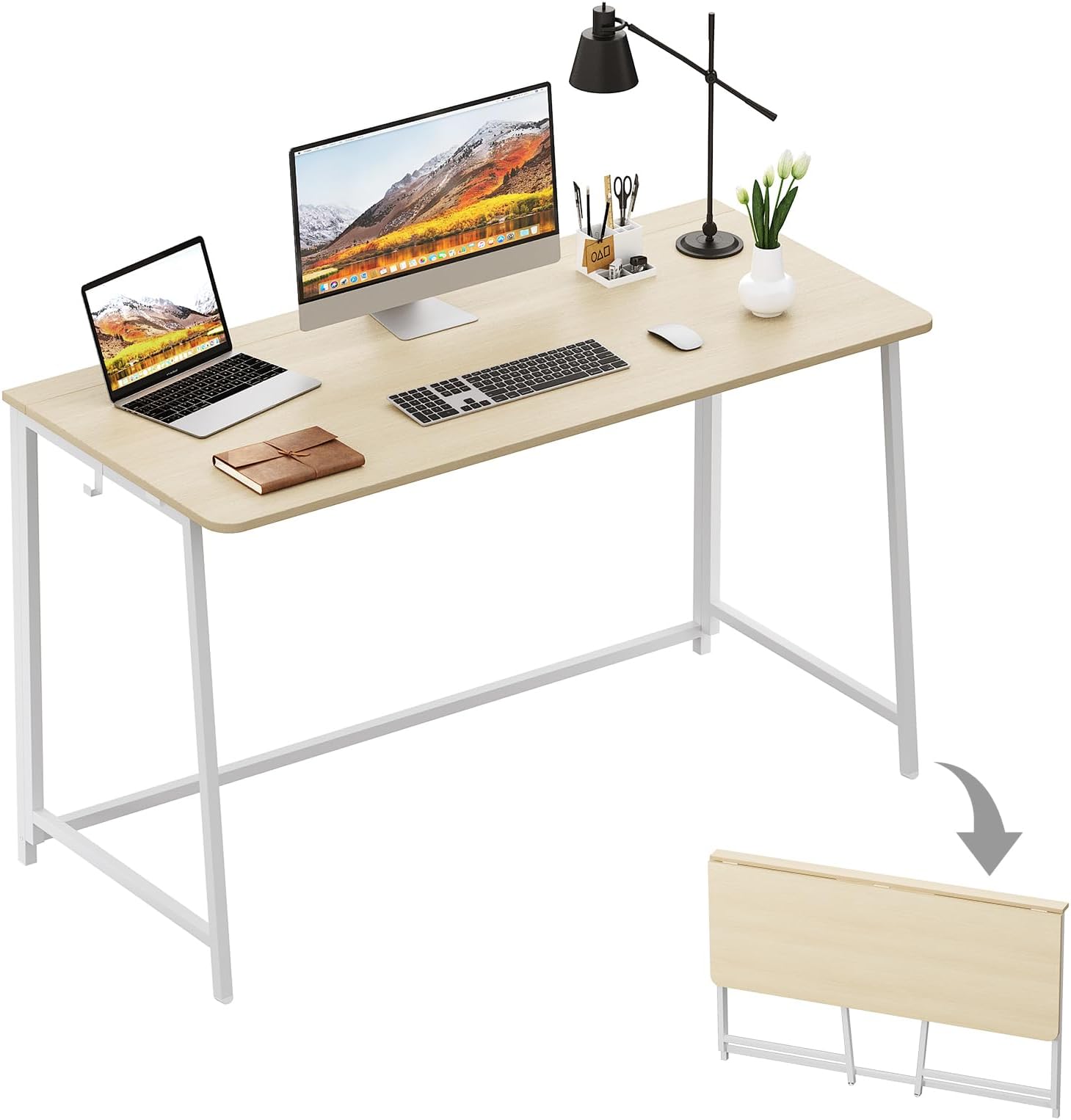 WOHOMO Folding Desk, Small Foldable Desk 47.2" for Small Spaces, Space Saving Computer Table Writing Workstation for Home Office, Easy Assembly, Oak