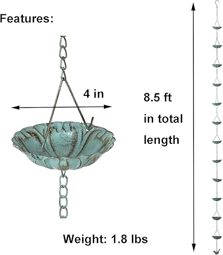 Miniatura 6 de Jemeni Cadena de lluvia de flores de lirio de agua de 8.5 pies de longitud para canalones, pátina verde, hierro..