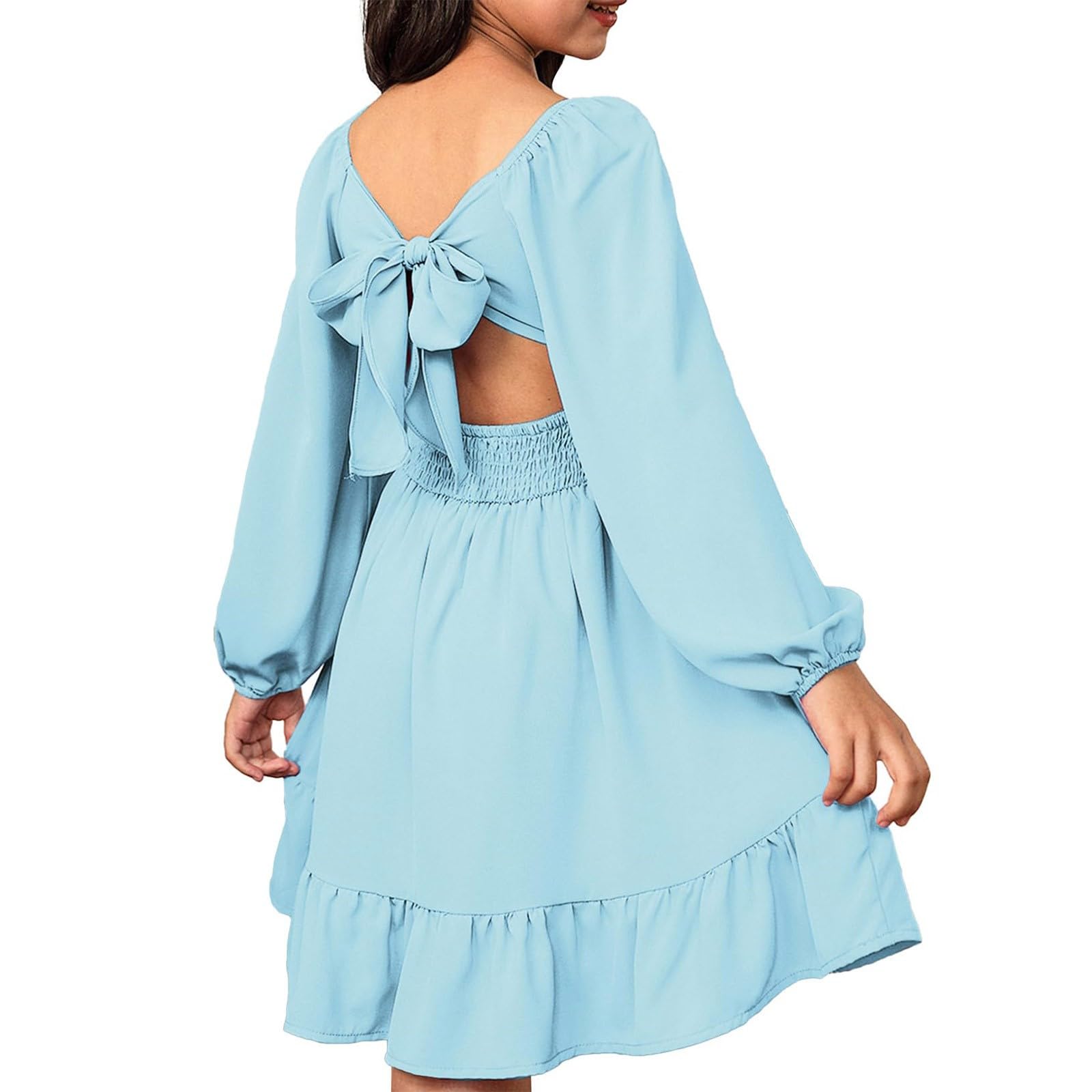 Vestido de fiesta para niñas, elegante vestido de otoño de manga larga con volantes en la espalda, vestido de princesa, boda, cumpleaños, vestido casual liso para niños