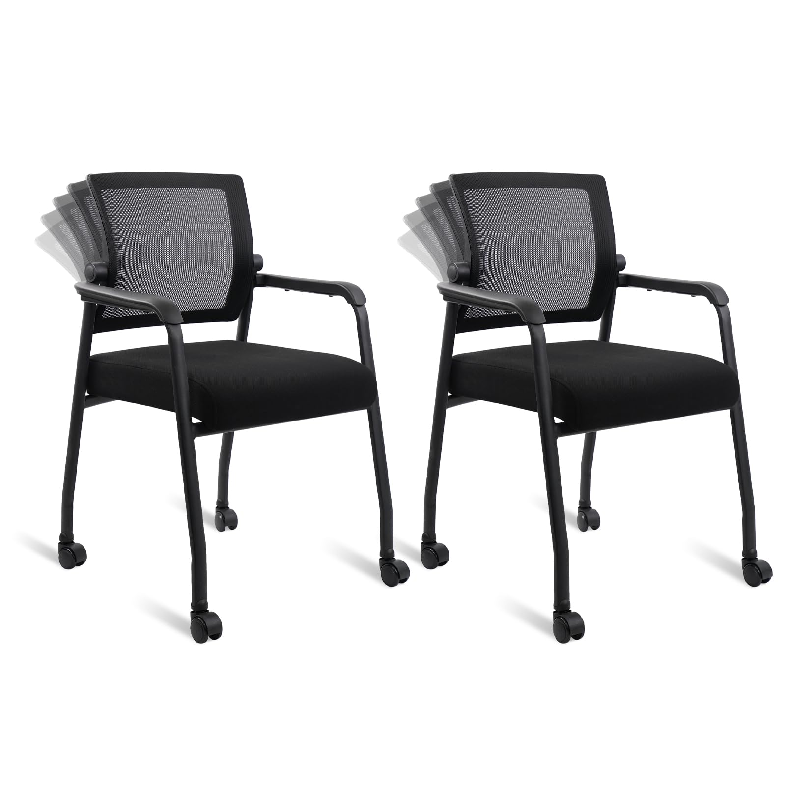 KLASIKA Waiting Room Chairs with Wheels, Adjustable Mesh Backrest, Desk Chair with Ergonomic Lumbar Support and Thickened Seats Cushion, 2 Pack Black