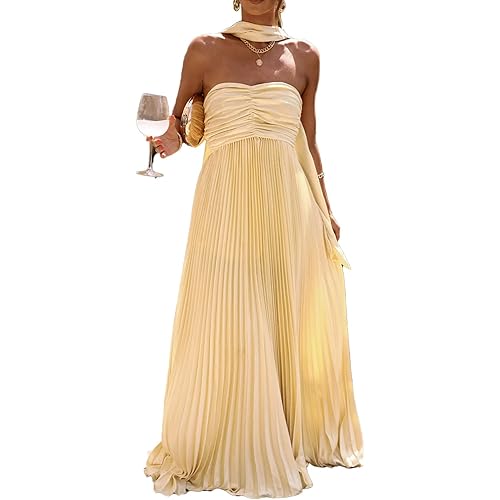 Women Bridesmaid Dresses with Scarf Strapless Pleated Flowy Solid Long Formal Wedding Guest Dress Womens Fall Dresses