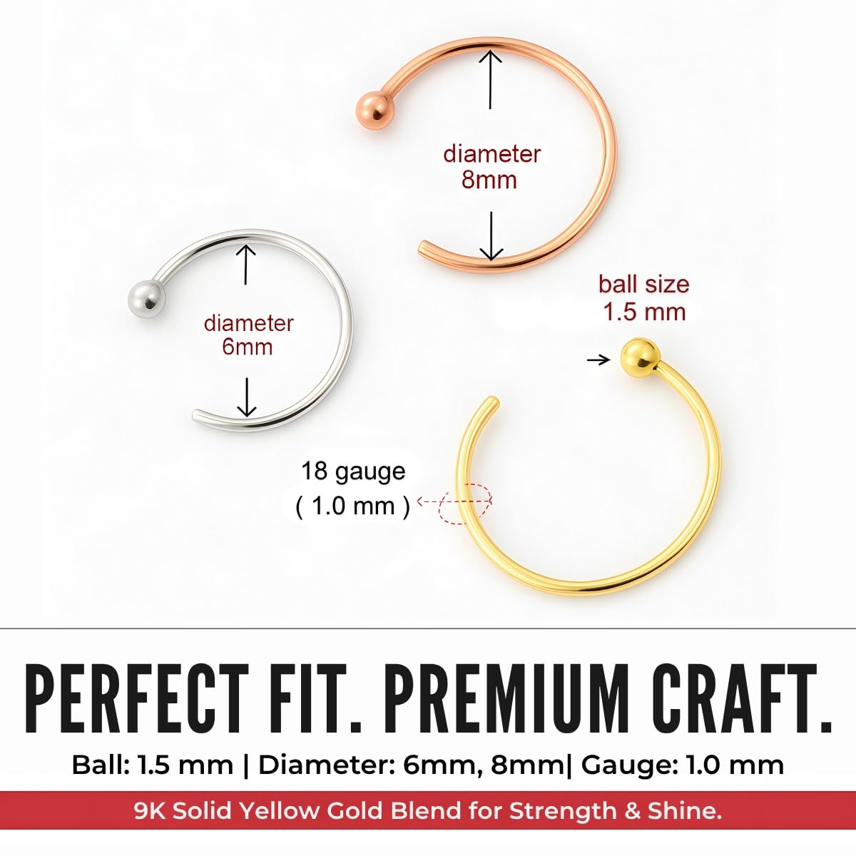 9K Massive Weißgold 18 Gauge offen Hoop Ball Ende Nase Piercing Ring Schmuck