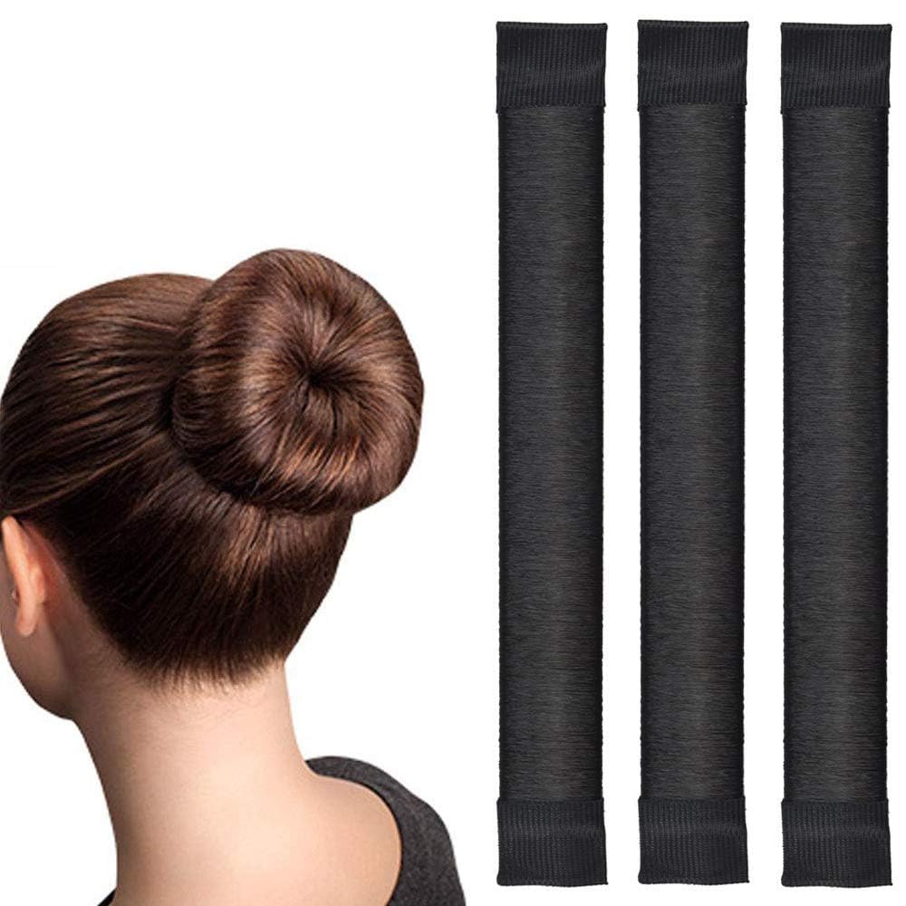Khazna Hair Bun Maker, 3 Pcs Women Twist Hair Shaper, Easy Fast Snap Roll hair nets Magic Buns Tool, Donut Curler Roller Dish Headbands, French Twist Hair Fold Wrap Snap for Women Kids (Black)