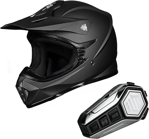 ILM Casco de motocross para adultos, casco de motocross, ATV Dirtbike (M, negro mate) y auriculares Bluetooth con sistema de alta fidelidad