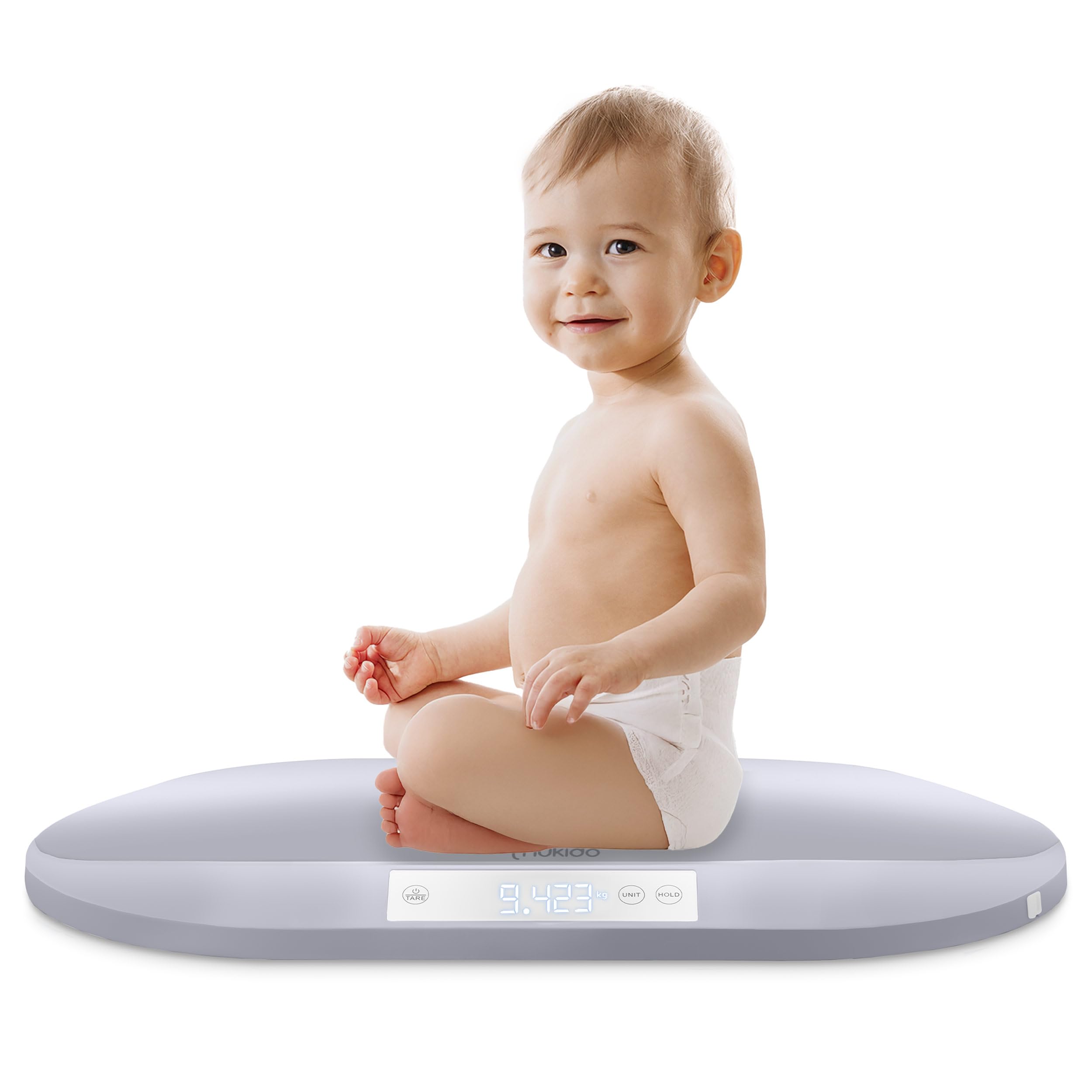 Nukido Babywaage Wiegeschale Baby Waage 40 kg Tragkraft 5 Gramm Genauigkeit Tara Holdfunktion Integrierte Messskala Grau
