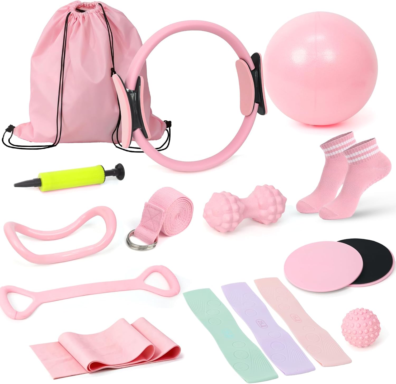 Pilates Equipment Kit for Home Workouts, Home Pilates Essentials Kit for Women with Pilates Ring and Ball Set, Resistance Bands, Yoga Strap, Core Sliders, Massage Ball & Socks Accessories for Starter