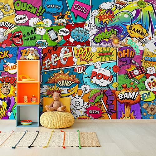 Wallepic Papel pintado fotográfico de fieltro con diseño de graffiti juvenil, collage de cómic, 152,5 x 104 cm, moderno, XXL, abstracto, explosión de fuego, sala de estar, dormitorio, oficina,