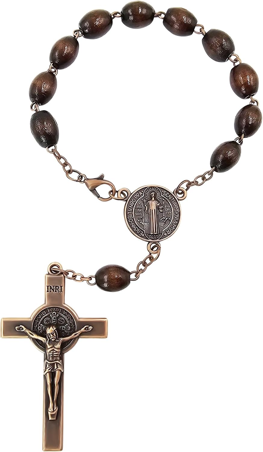 TALISMAN4U Saint Benedict Medal One Decade Catholic Rosary for Car Rearview Mirror Dark Brown Wood Prayer Beads Sacred St Benedict Crucifix Rosaries Bracelet Religious Gift for Men Women