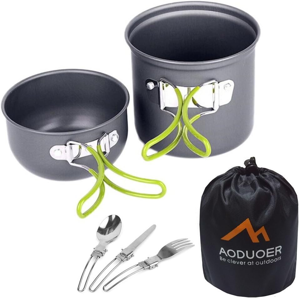 Camping Cookware Mess Kit Outdoor Cooking Equipment 7 Piece Cookset Camp Pot Pan Bowls - Free Folding Utensil Set | Lightweight, Compact, & Durable for Backpacking, Hiking and Picnic (For 1 Person)