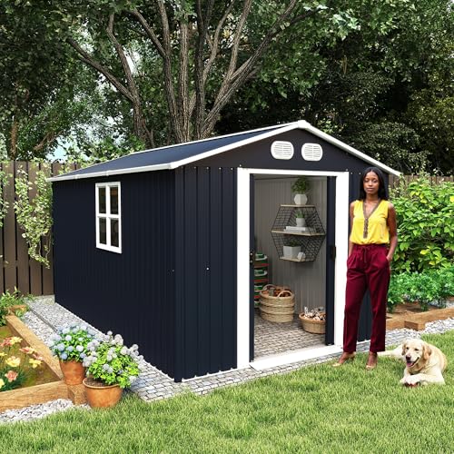 Image of KEIKI 8x12 FT Outdoor Storage Shed, Heavy-Duty Metal Shed with Lockable Doors & Air Vents, Weather-Resistant Garden Tool Storage for Backyard Patio, Dark Gray