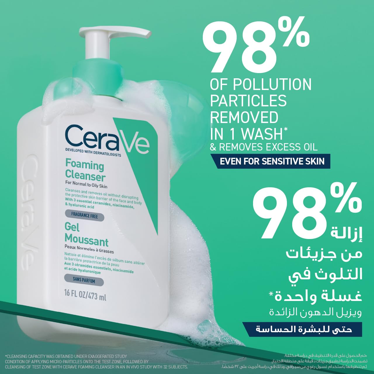 CeraVe Foaming Facial Cleanser 473ml Value Size - Gel-to-Foam Daily Face Wash with Ceramides, Niacinamide and Hyaluronic Acid for Normal to Oily Skin, Long-Lasting Family Size Pump