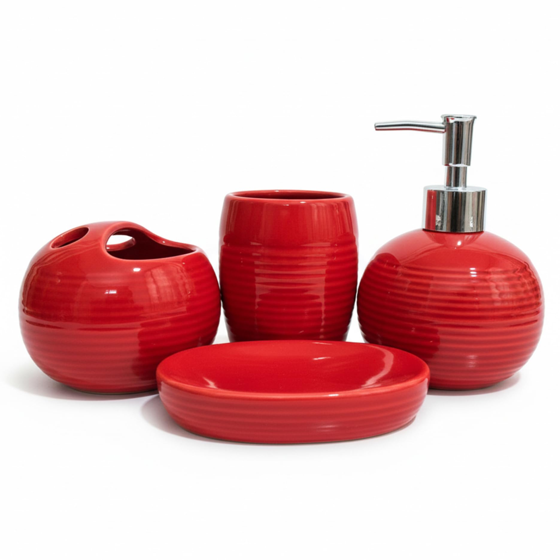 4Pcs Red Bathroom Accessories Modern Ceramic Bathroom Accessories Set Includes Soap Dispenser Toothbrush Holder Tumbler and Soap Dish for Home Apartment