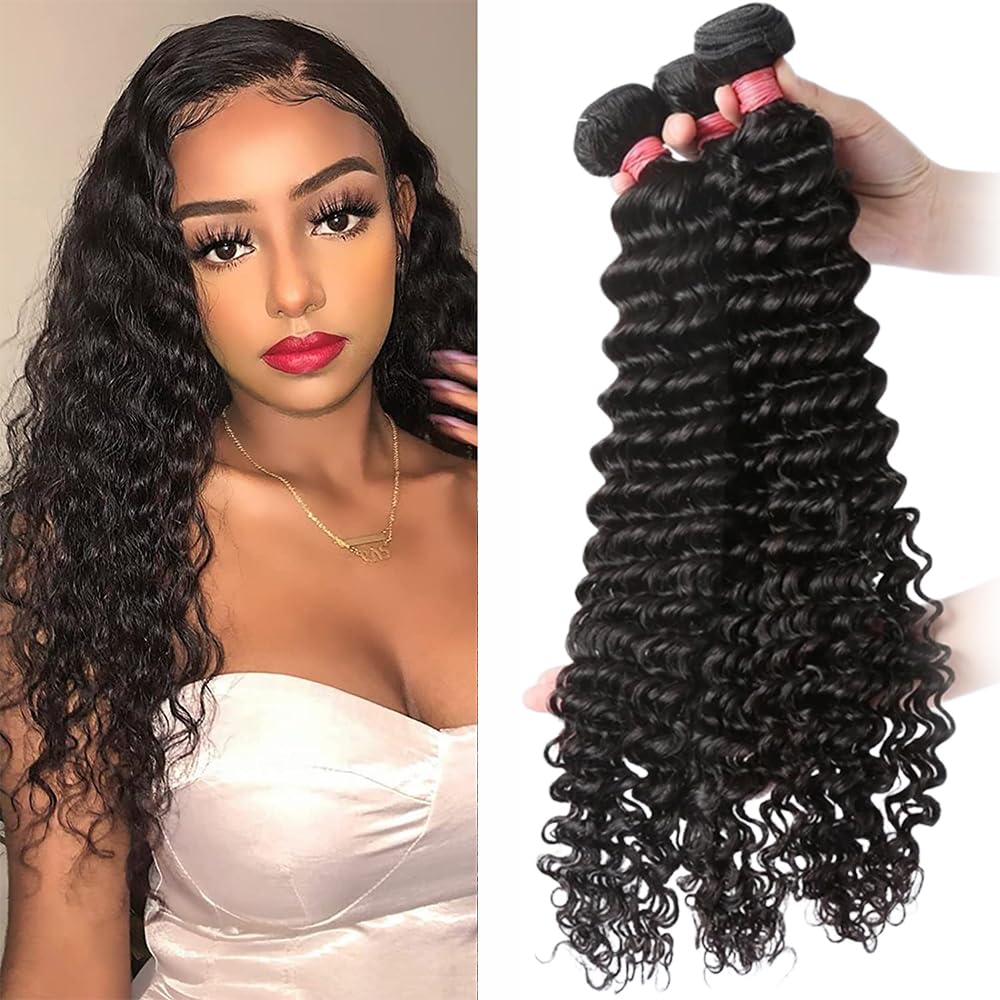 Cuckoo 22/24/26 inch Deep Wave Human Hair Bundles, Curly Hair Extensions, 10A 100% Unprocessed Brazilian Virgin Remy, Negro, Weave Installation, Curly Style