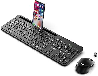 Wireless Keyboard and Mouse Combo, WisFox 2.4GHz Ergonomic USB Keyboard with Phone Holder, Full Size Keyboard and Mouse Set for Computer, Laptop and Desktop(Black)