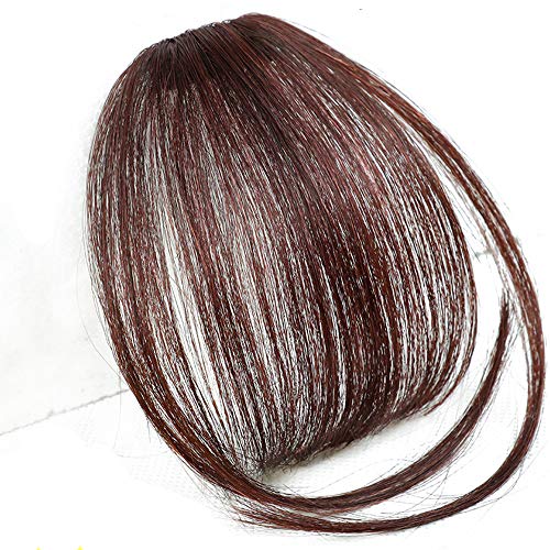 Clip in Air Bangs Remy Human Hair Extensions One Piece Front Neat Air Fringe Hand Tied Straight Flat Bangs Clip on Hairpiece for Women Red Dark Brown