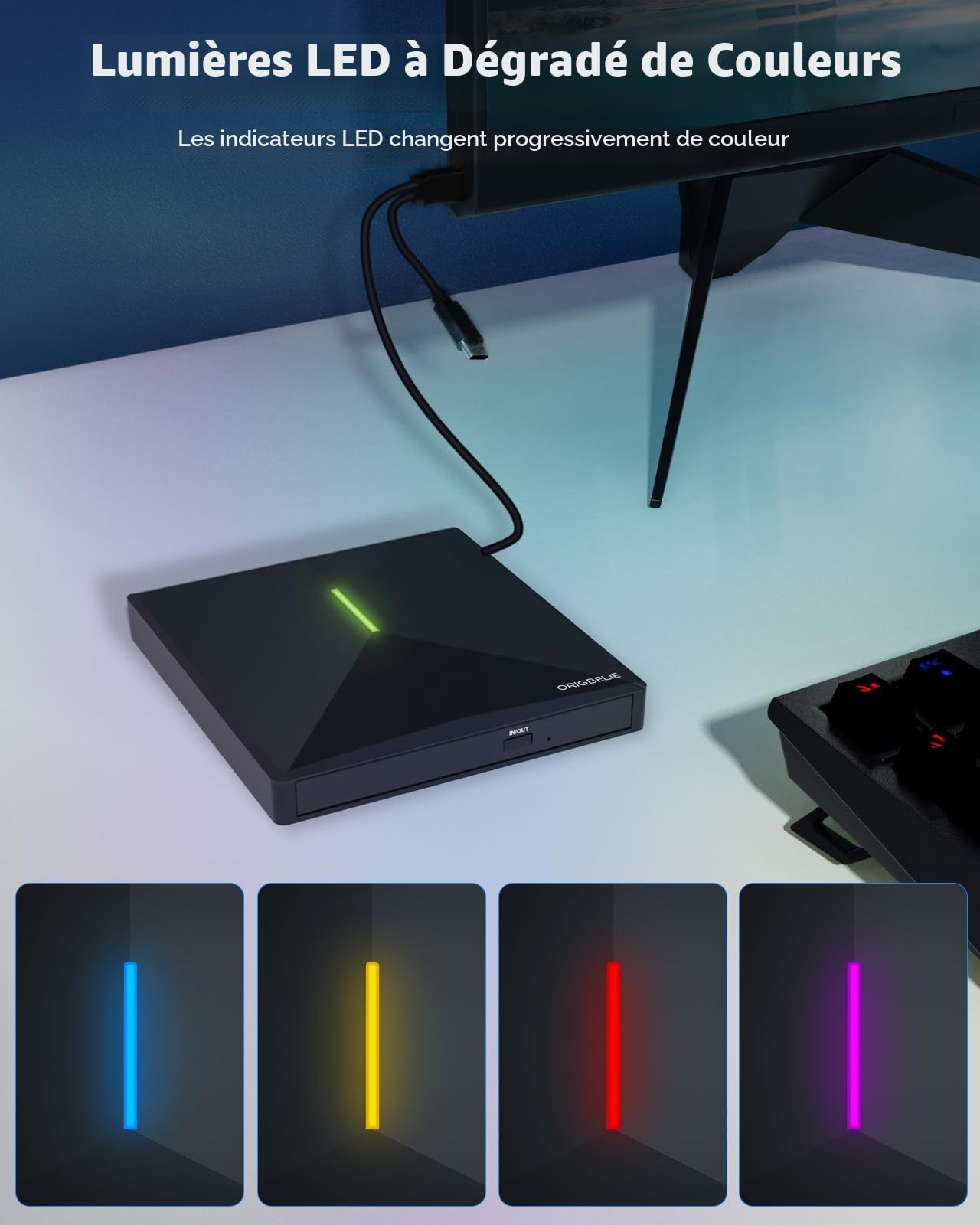 ORIGBELIE Graveur DVD Externe avec 4 Ports USB et 2 Emplacements pour Carte TF/SD, Lecteur CD Externe pour PC, Ordinateur Portable, MacBook, Windows 11/10/8/7 Linux Mac OS avec Boîte de Rangement