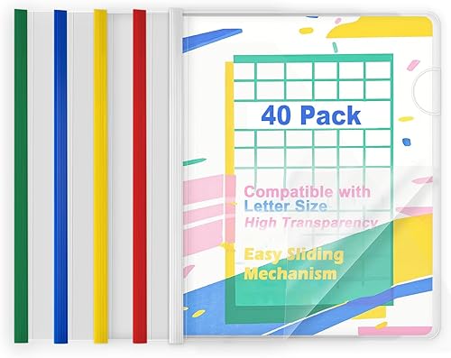 Miniatura 6 de Paquete de 100 portadas transparentes para informes con barras deslizantes, 0.354 in (capacidad de 40 hojas), 5 carpetas de archivos de barra