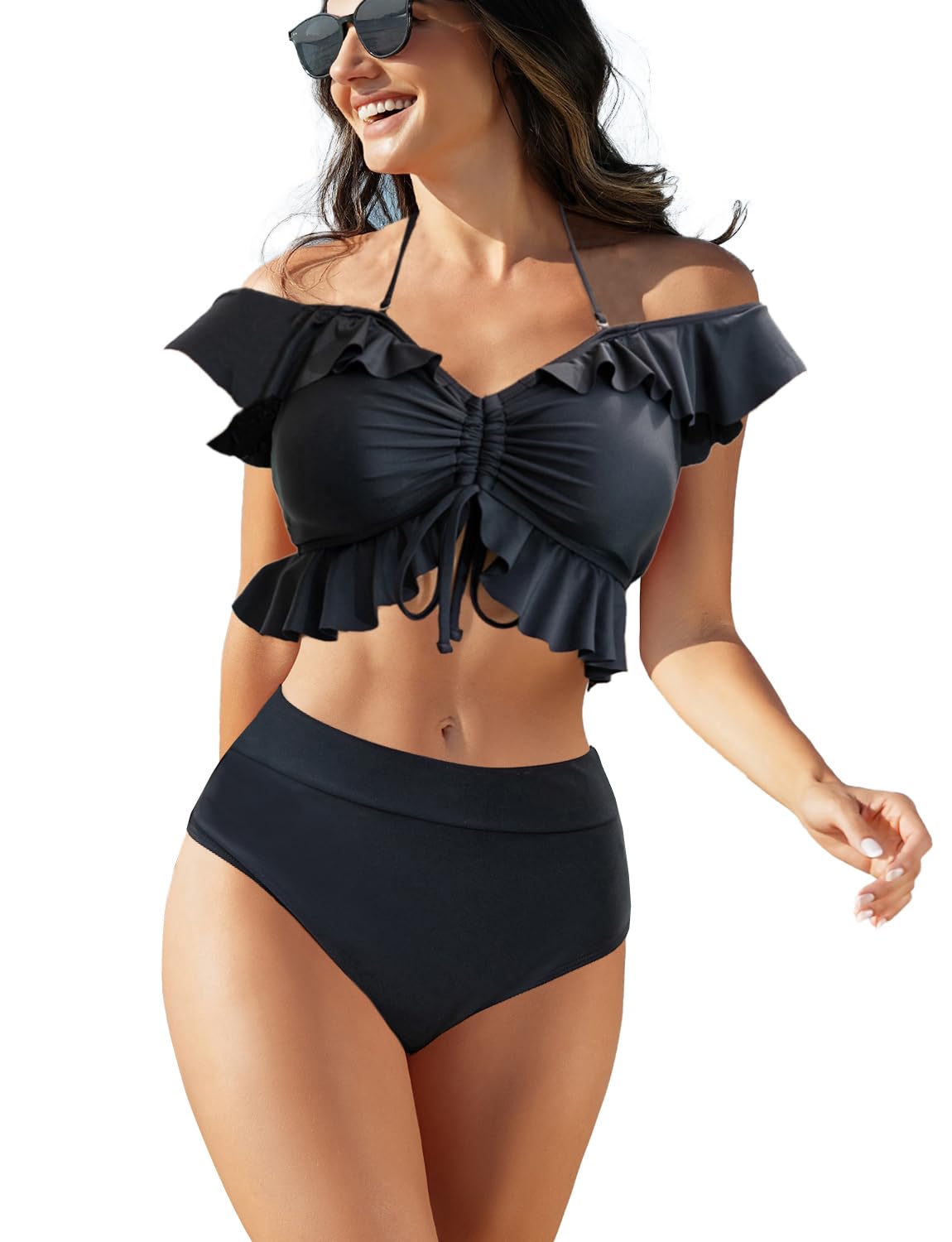 JFAN Trajes de Baño para Mujer Top Corto con Cuello Halter y Volantes Bañador de Colores con Hombros Descubiertos