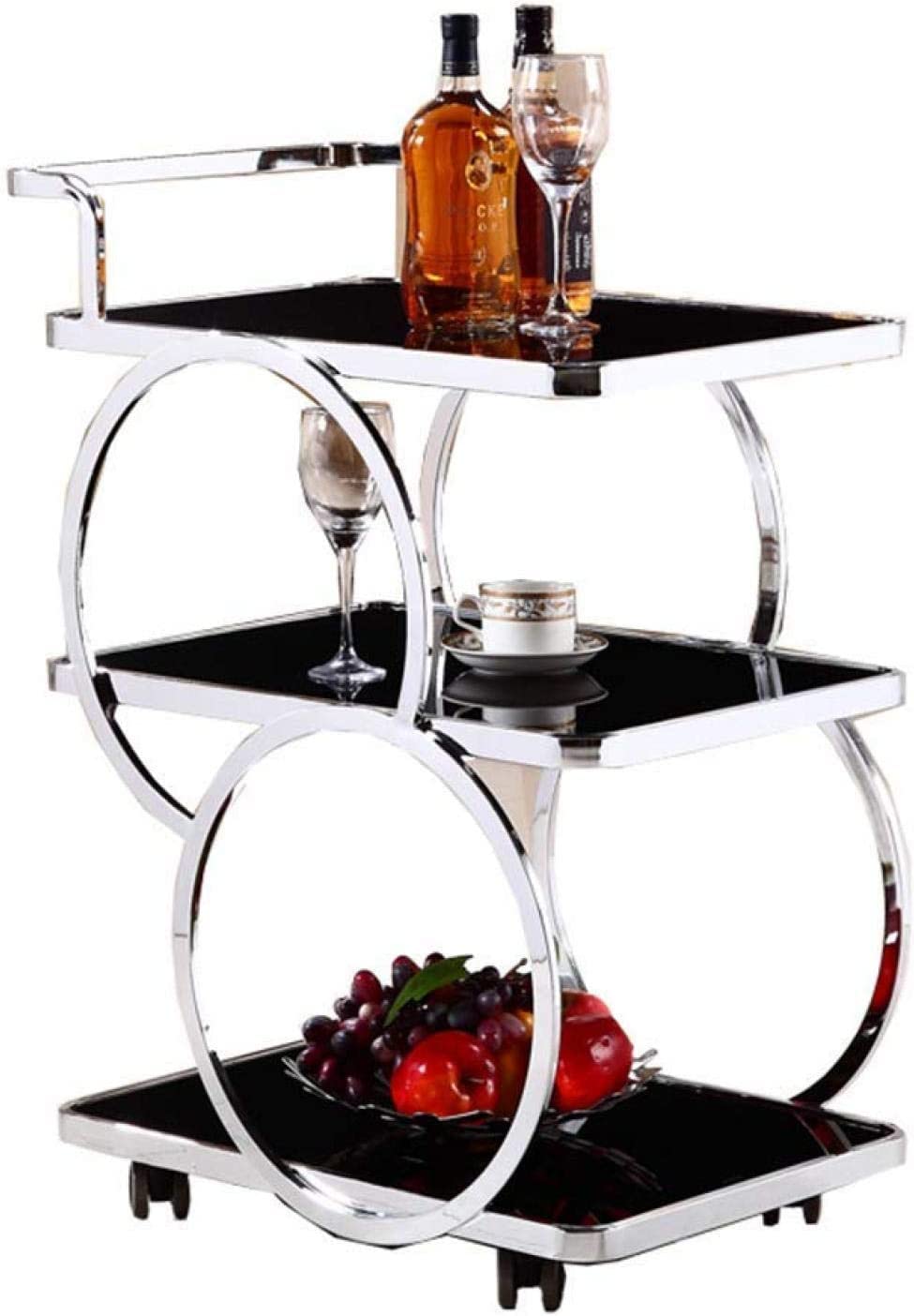 GRDDBZA Bar Serving Carts Business Restaurant Wine Cart, Drinks Trolley Delivery Car Tempered Glass Wine Cart Mobile Dining Car Ring Design Stainless Steel(Stainless Steel)