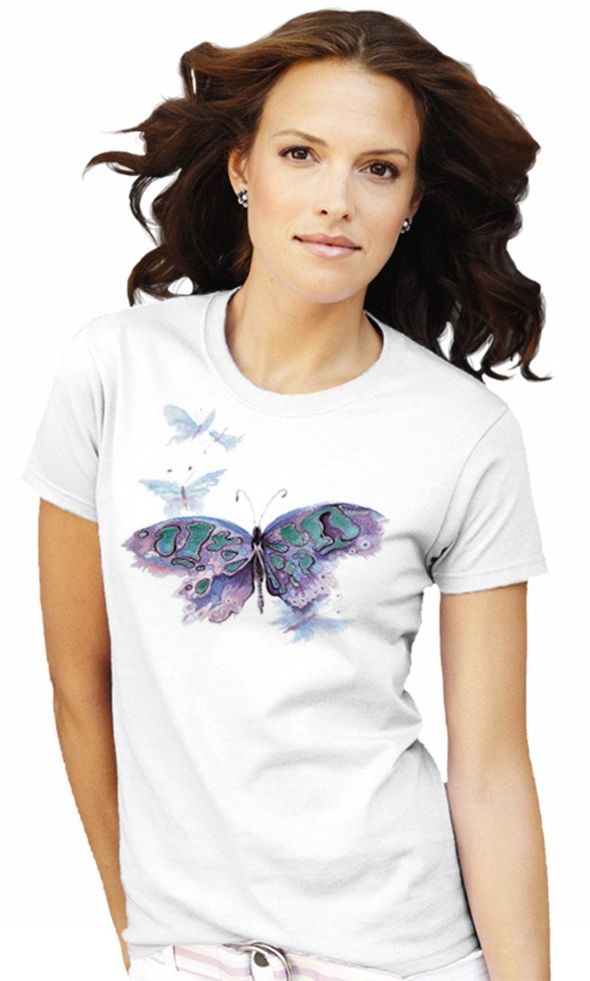 SolarTees Women's Watercolor Butterfly Solar Color Changing Tee SM White