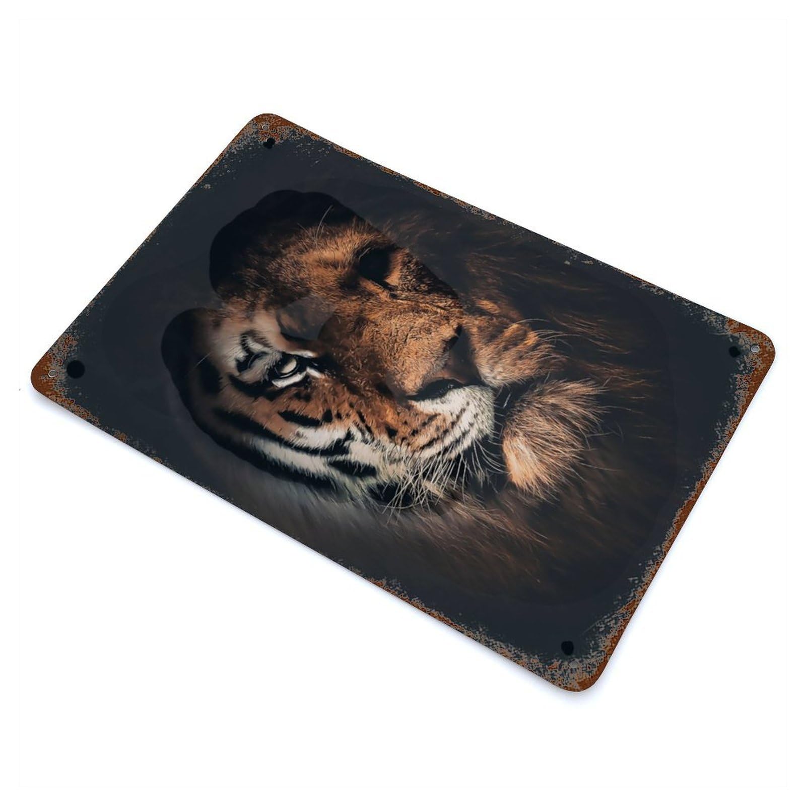 Half Tiger Half Lion 11.8"x7.9" Aged Metal Wall Plaque, Retro Wall Decor for Farmhouse, Kitchen And Entryway Decor