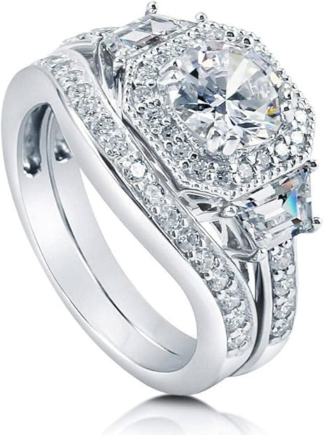 BERRICLE Sterling Silver Halo Wedding Engagement Rings Round Cubic Zirconia CZ Art Deco Ring Set for Women, Rhodium Plated Size 4-10