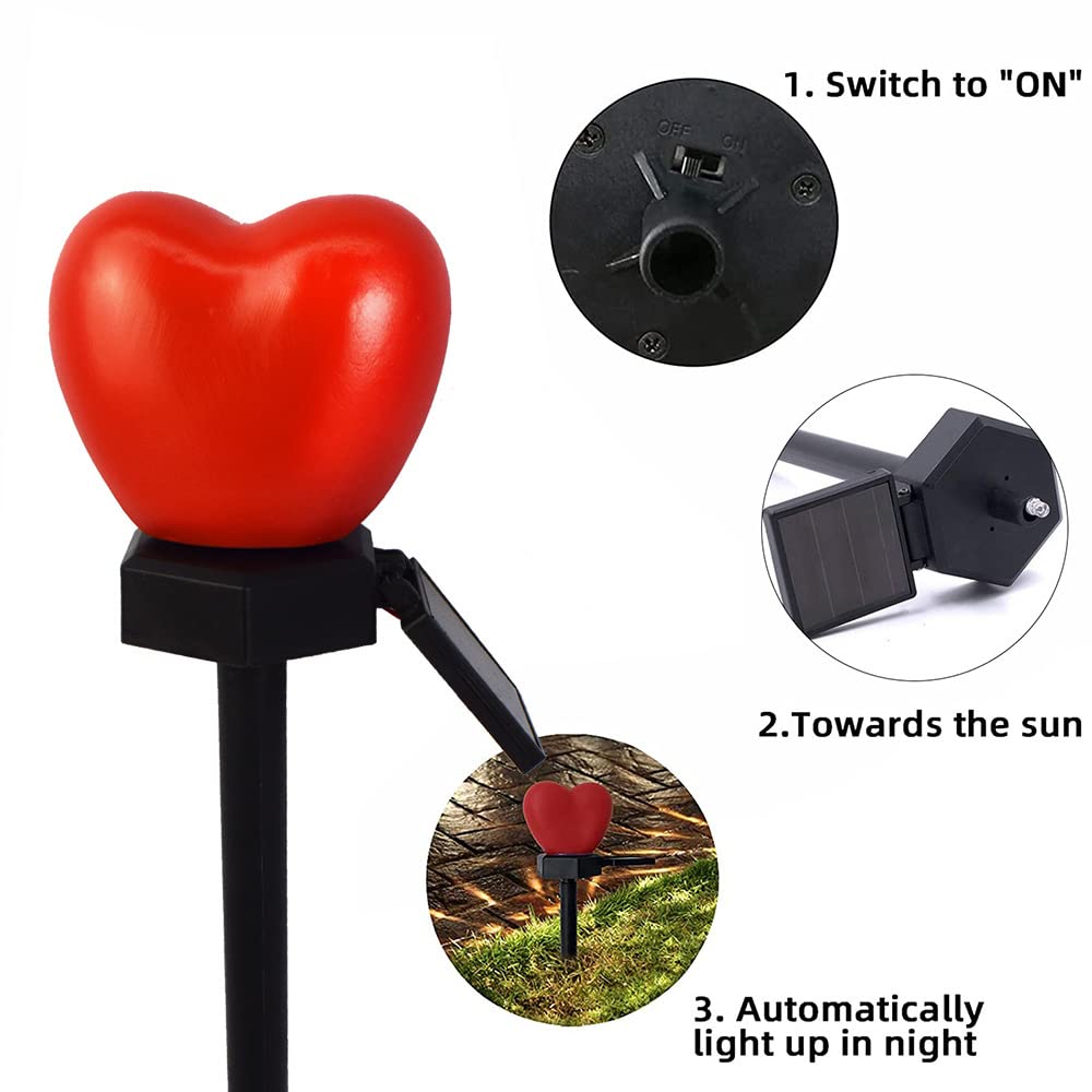 Lámpara de pila de corazón rojo solar, lámpara de sol de San Valentín impermeable al aire libre lámpara de corazón en forma de jardín canal decoración de fiesta de bodas en el hogar (4 piezas)