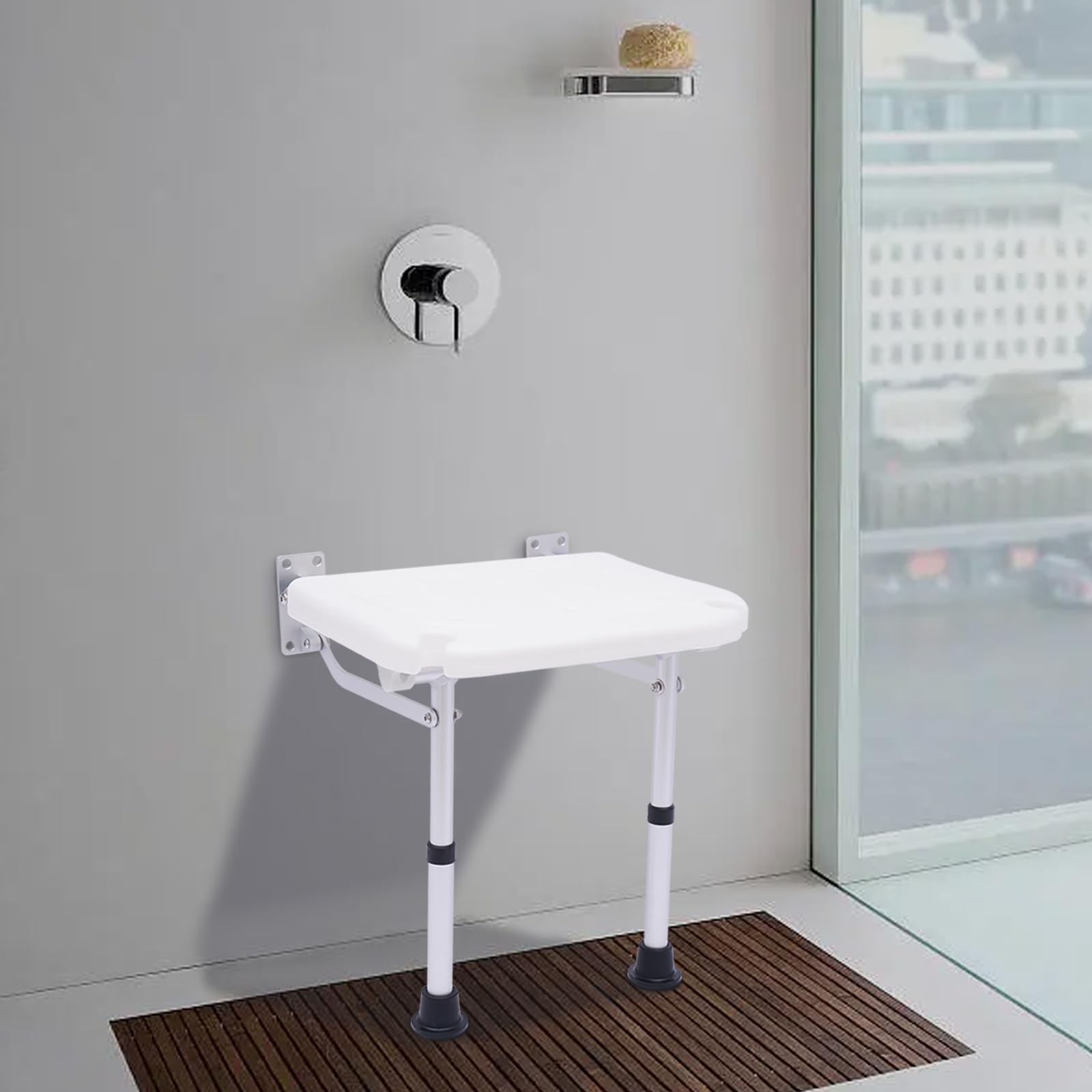 Taburete de ducha plegable montado en la pared, altura regulable, 100 kg