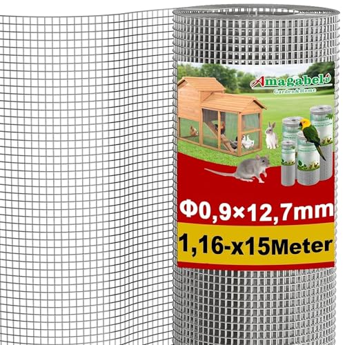 Amagabeli Grillage à Poule Galvanisé 1.16m x 15m - Maille Carrée 12.7mm - Clôture Renforcée pour Poulailler & Volière - Résistant aux Renards/Rongeurs - Jardin & Élevage​