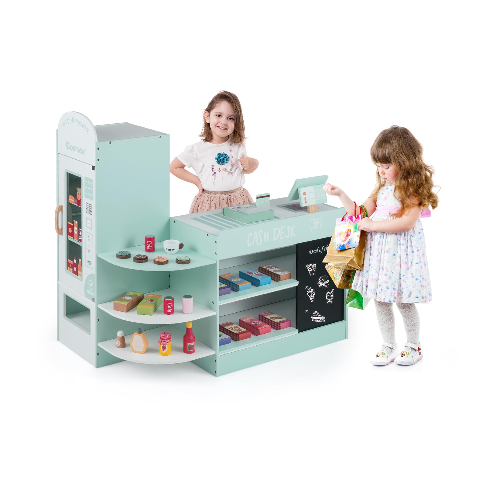 COSTWAY Negozio Alimentare per Bambini, Set di Giocattoli Supermercato in Legno con Cassa, Macchina POS, Distributore Automatico, Lavagna Scrivibile, per Bambini 3-8 Anni (Verde)