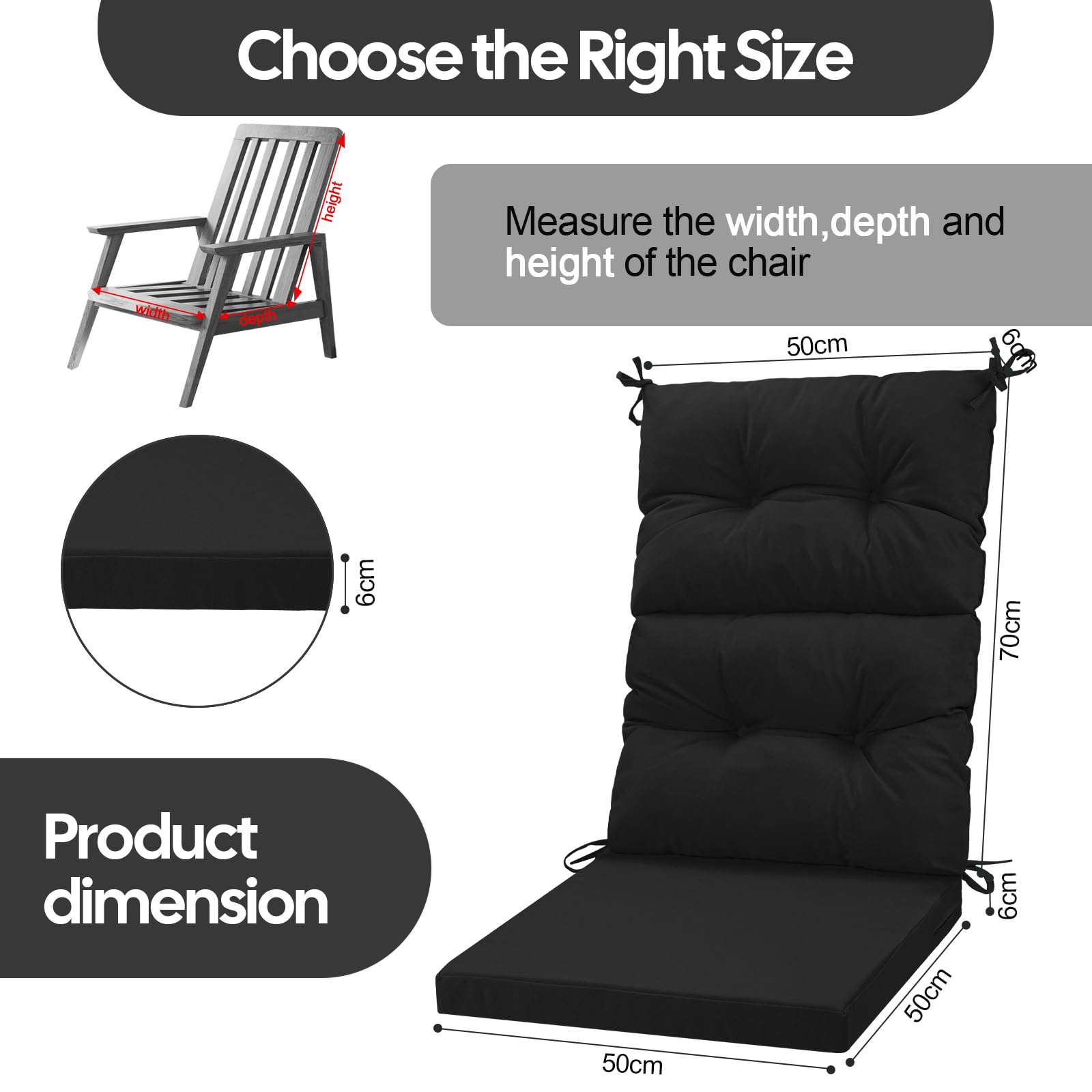 Coussin de chaise de jardin à dossier haut imperméable avec dossier touffeté et attaches pour mobilier de jardin et terrasse, chaises longues, 120 x 50 cm, noir